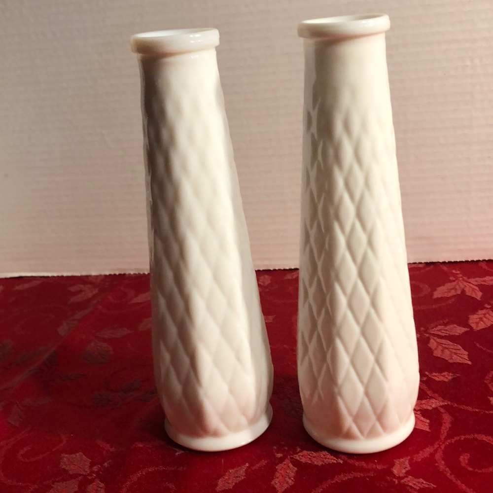 Set of Two Milk Glass Vases 8.75 Inch EO Brody & Co Glass Vintage Flower Vases